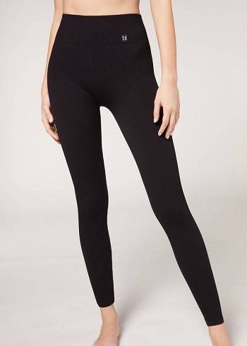 Calzedonia Fine Räfflad Seamless Sport Leggings Dam Svarta | SE1546GL