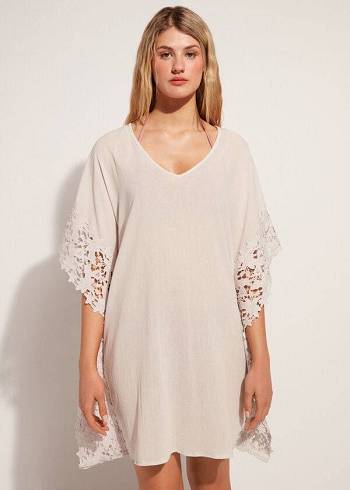 Calzedonia Floral Macramé Spets Caftan Cover Ups Dam Beige | SE2110UT