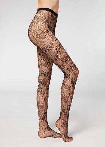 Calzedonia Floral Spets-Motif Fishnet Patterned Strumpbyxor Dam Svarta | SE3092JJ