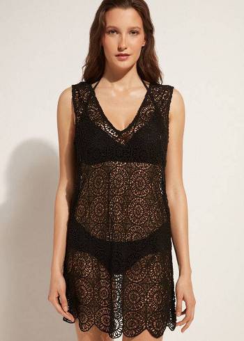 Calzedonia Geometric Crochet Klänning Cover Ups Dam Svarta | SE2109YU