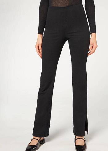 Calzedonia High-Midja Flared in Denim with Slits Leggings Dam Svarta | SE1532QZ