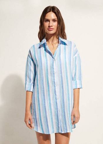 Calzedonia Linen Shirt Cover Ups Dam Blå Vita | SE2101BC