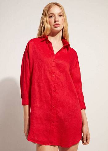 Calzedonia Linen Shirt Cover Ups Dam Röda | SE2096LH