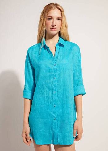 Calzedonia Linen Shirt Cover Ups Dam Turkos Gröna | SE2097ZG