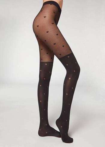 Calzedonia Longuette-Effect Mini Heart-Motif Patterned Strumpbyxor Dam Svarta | SE3080EX