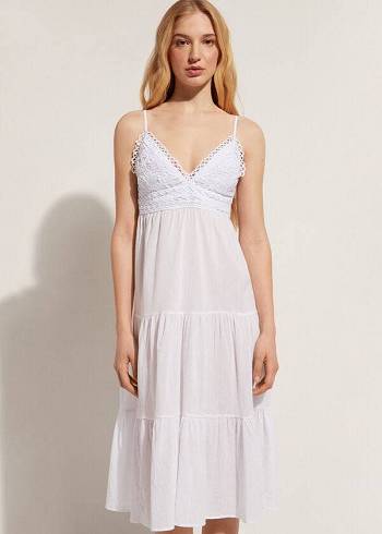 Calzedonia Midi Klänning in Macramé Spets and Ruffled Skirt Cover Ups Dam Vita | SE2087PQ