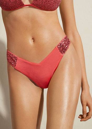 Calzedonia Sequined High-Cut Brazilian Cannes Bikiniunderdel Dam Rosa | SE2649IS