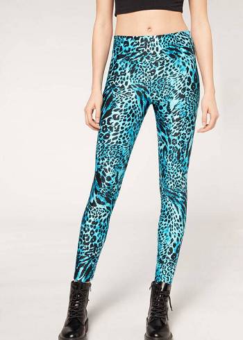 Calzedonia Shiny Animal-Print Gympa Leggings Dam Turkos | SE1510TV