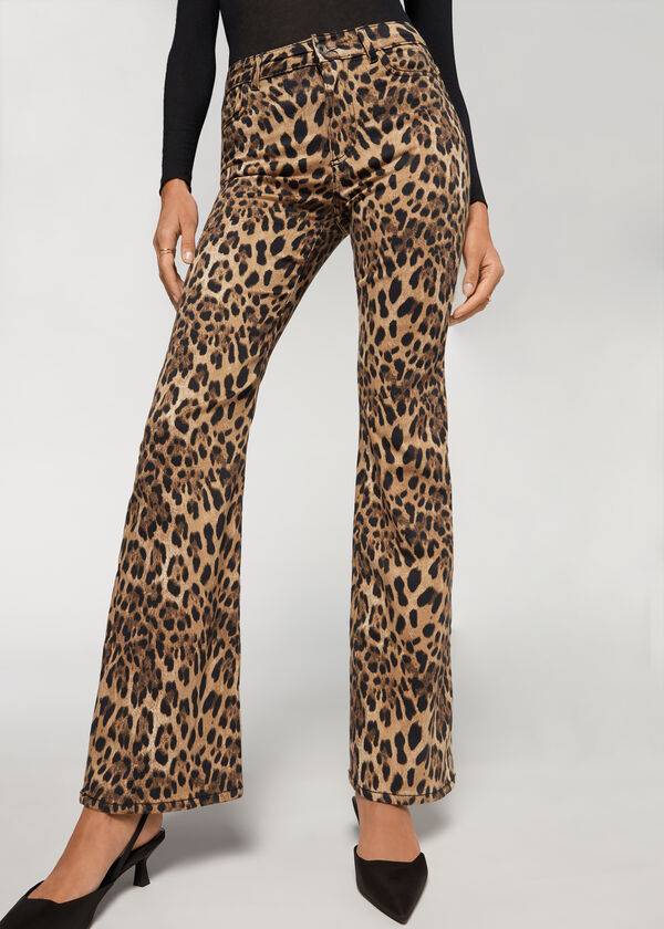 Calzedonia Animal Print Flared Byxor Dam Bruna | SE1478NB