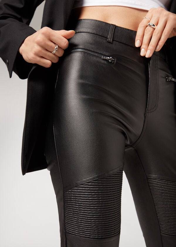 Calzedonia Coated Mager Biker Byxor Dam Svarta | SE1470JJ