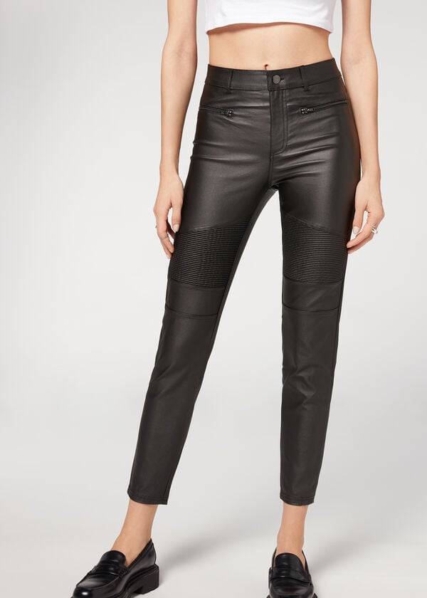 Calzedonia Coated Mager Biker Byxor Dam Svarta | SE1470JJ