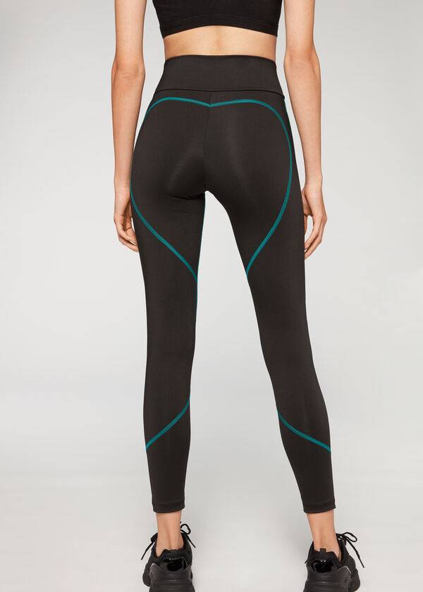 Calzedonia Contrast Seam Performance Gympa Leggings Dam Svarta Gröna | SE1555BC