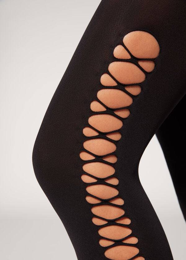 Calzedonia Crisscross Cut-Out Opaque 90 Denier Patterned Strumpbyxor Dam Svarta | SE3101IS