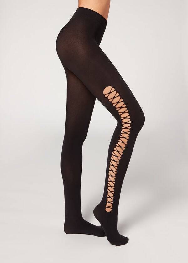 Calzedonia Crisscross Cut-Out Opaque 90 Denier Patterned Strumpbyxor Dam Svarta | SE3101IS