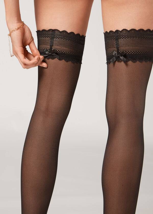 Calzedonia Crochet 40 Denier Sheer Thigh Highs Strumpor Dam Svarta | SE2929SO