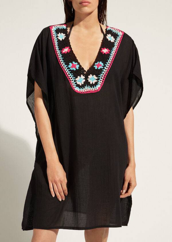 Calzedonia Crochet Neckline Kaftan Cover Ups Dam Svarta | SE2117FM