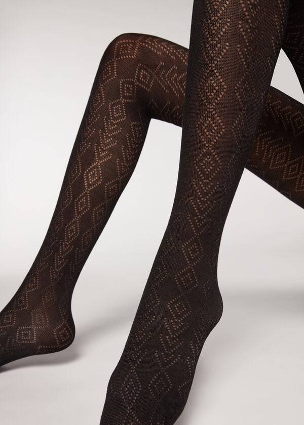 Calzedonia Diamond Pattern with Cashmere Patterned Strumpbyxor Dam Svarta | SE3098AP