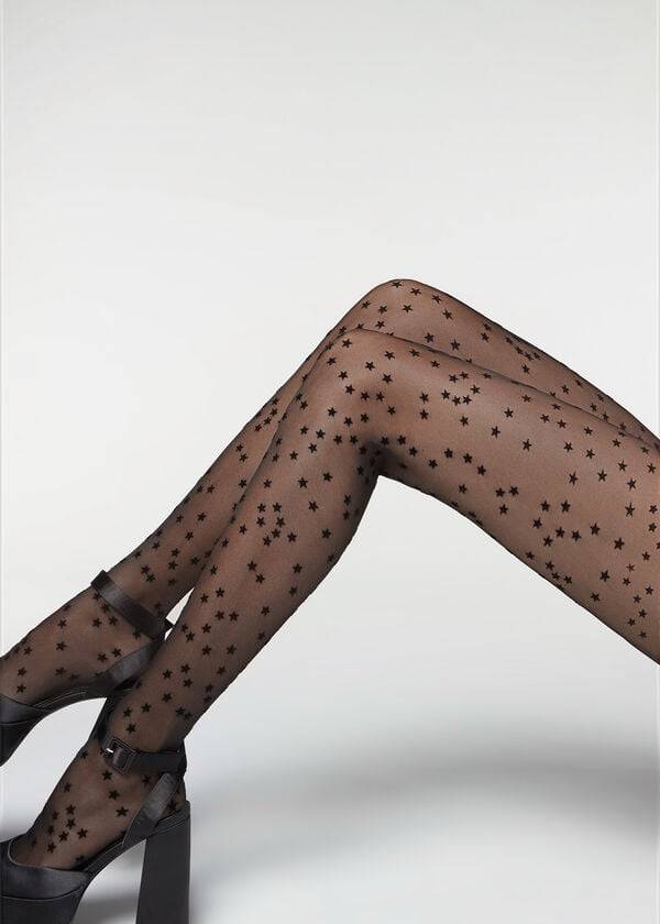 Calzedonia Flocked Stars 30 Denier Sheer Strumpbyxor Dam Svarta | SE2967MA