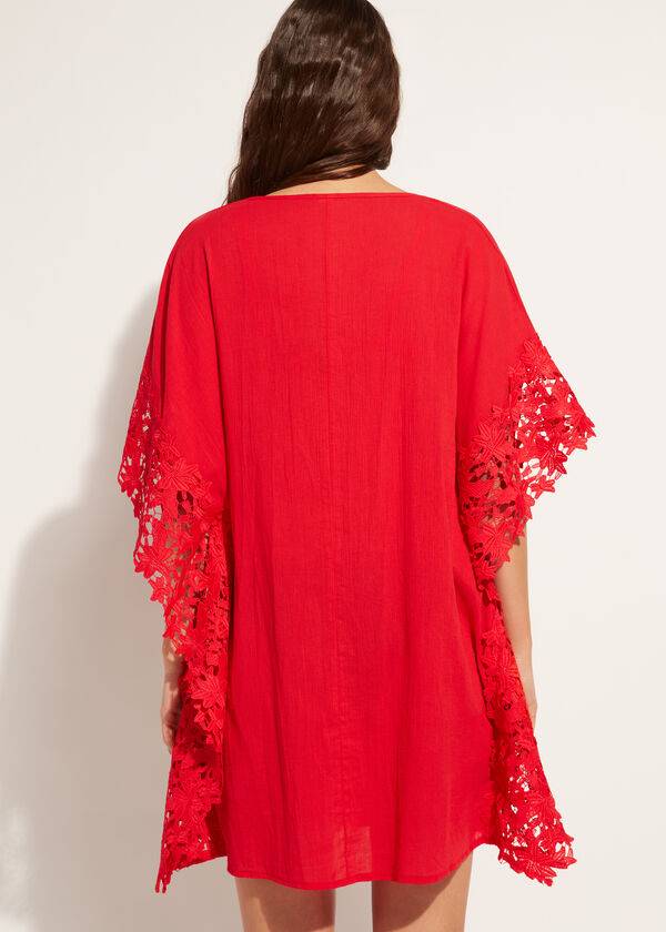 Calzedonia Floral Macramé Spets Caftan Cover Ups Dam Röda | SE2111IS