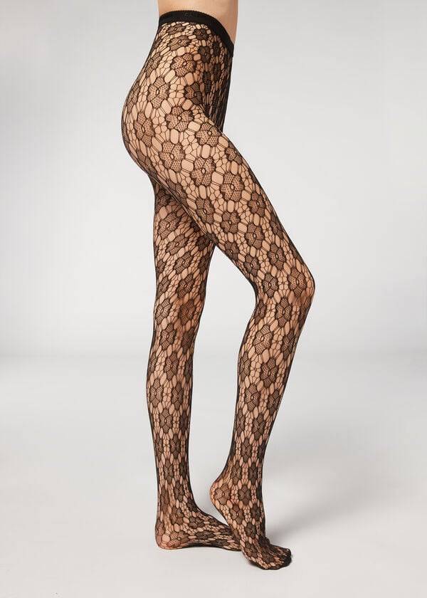 Calzedonia Floral-Motif Fishnet Patterned Strumpbyxor Dam Svarta | SE3090LH