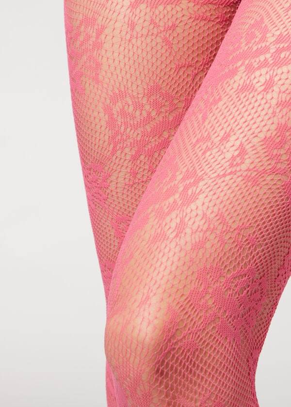 Calzedonia Floral Spets-Motif Fishnet Patterned Strumpbyxor Dam Rosa | SE3091KI