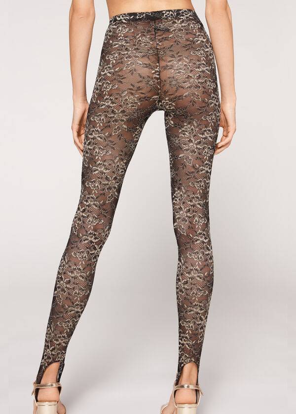 Calzedonia Glitter Spets Stirrup Leggings Dam Bruna Svarta | SE1536TV