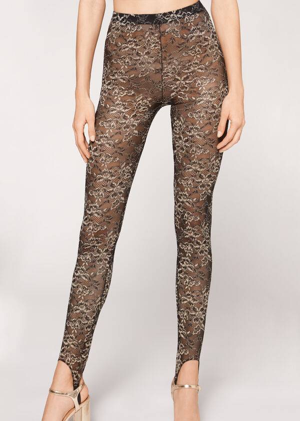 Calzedonia Glitter Spets Stirrup Leggings Dam Bruna Svarta | SE1536TV