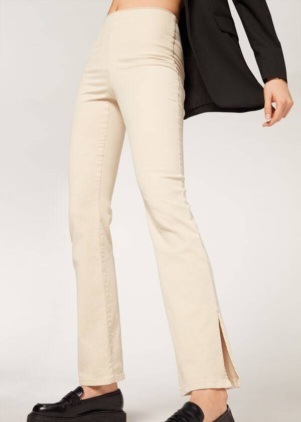 Calzedonia High-Midja Flared in Denim with Slits Byxor Dam Bruna Beige | SE1459YU