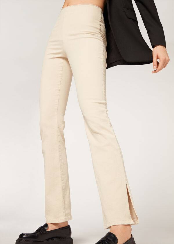 Calzedonia High-Midja Flared in Denim with Slits Leggings Dam Bruna Beige | SE1530NB