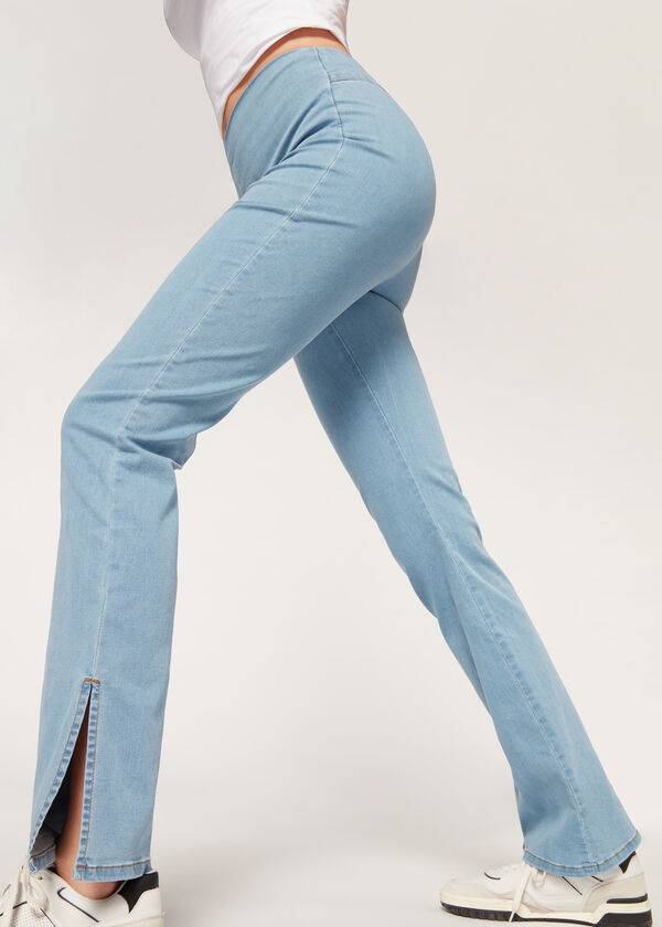 Calzedonia High-Midja Flared in Denim with Slits Leggings Dam Blå | SE1531MA