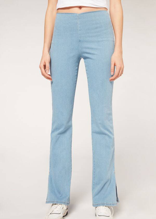 Calzedonia High-Midja Flared in Denim with Slits Leggings Dam Blå | SE1531MA