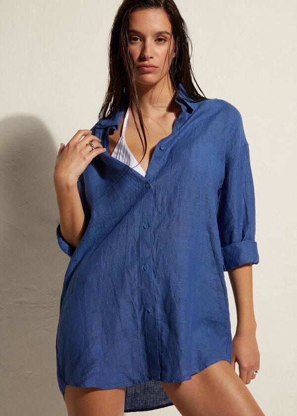 Calzedonia Linen Shirt Cover Ups Dam Blå | SE2100VD