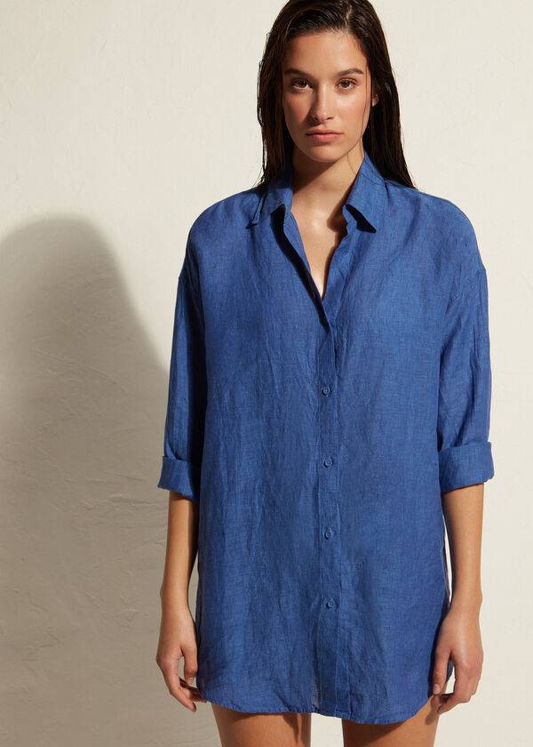 Calzedonia Linen Shirt Cover Ups Dam Blå | SE2100VD