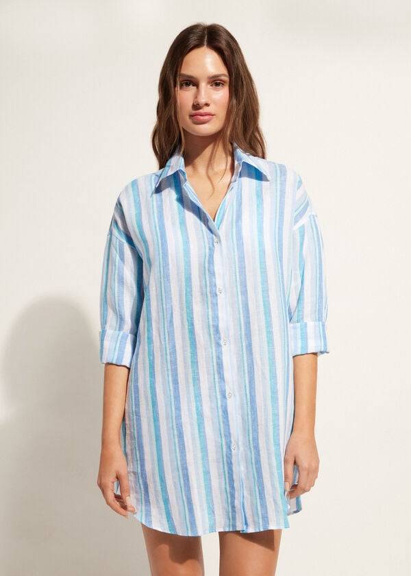 Calzedonia Linen Shirt Cover Ups Dam Blå Vita | SE2101BC