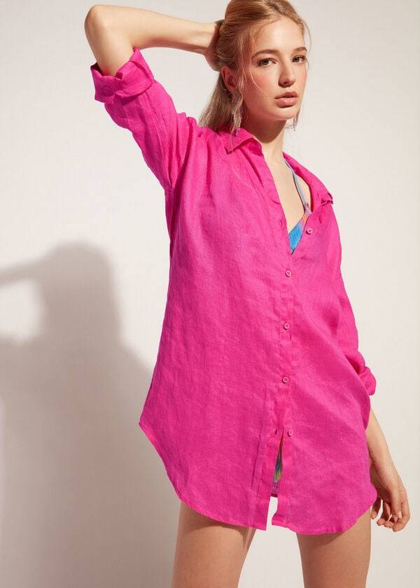 Calzedonia Linen Shirt Cover Ups Dam Rosa | SE2095KI