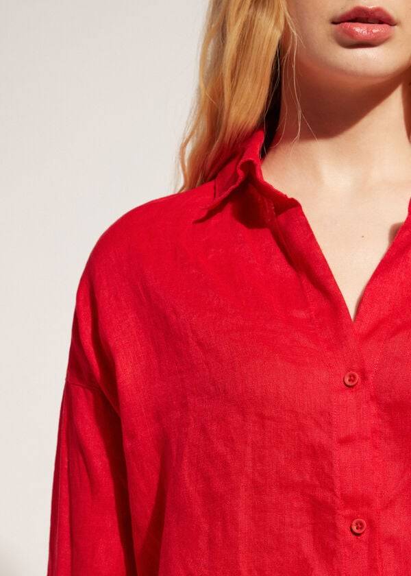 Calzedonia Linen Shirt Cover Ups Dam Röda | SE2096LH