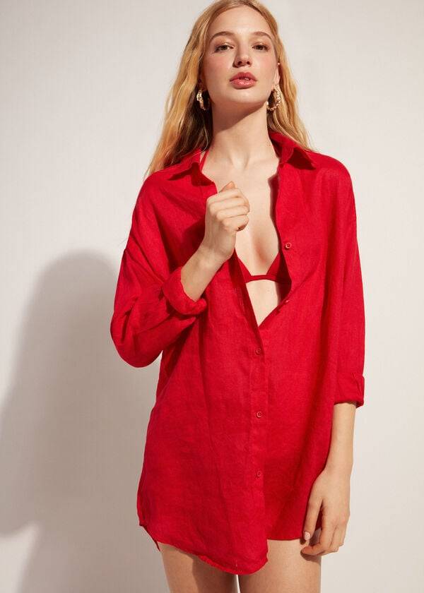 Calzedonia Linen Shirt Cover Ups Dam Röda | SE2096LH