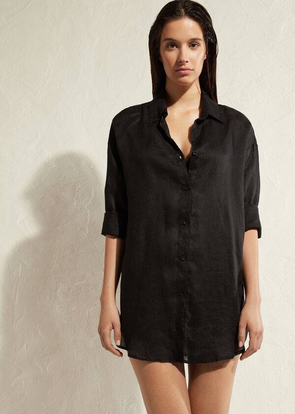 Calzedonia Linen Shirt Cover Ups Dam Svarta | SE2099CE