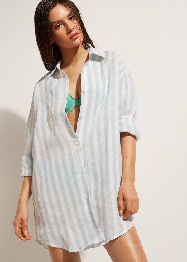 Calzedonia Linen Shirt Cover Ups Dam Turkos Vita | SE2104QZ