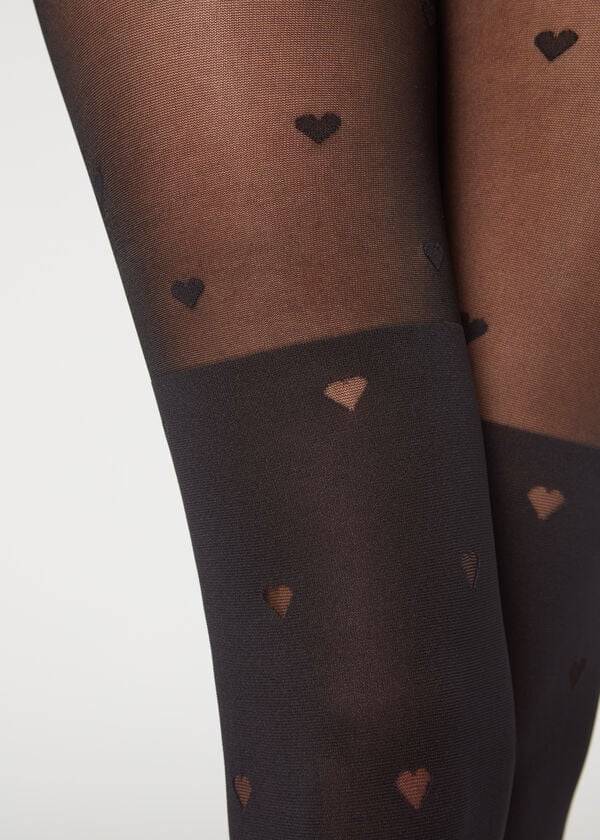 Calzedonia Longuette-Effect Mini Heart-Motif Patterned Strumpbyxor Dam Svarta | SE3080EX