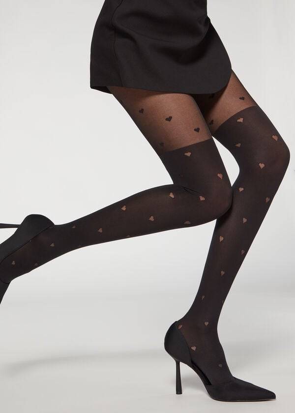 Calzedonia Longuette-Effect Mini Heart-Motif Patterned Strumpbyxor Dam Svarta | SE3080EX