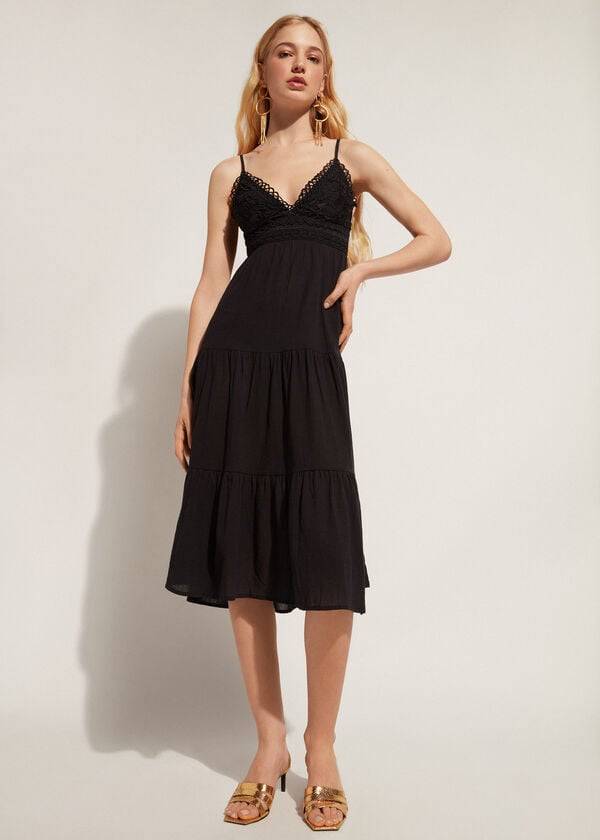 Calzedonia Midi Klänning in Macramé Spets and Ruffled Skirt Cover Ups Dam Svarta | SE2086OR