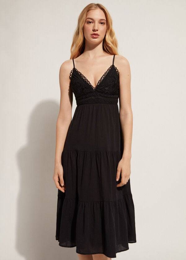 Calzedonia Midi Klänning in Macramé Spets and Ruffled Skirt Cover Ups Dam Svarta | SE2086OR