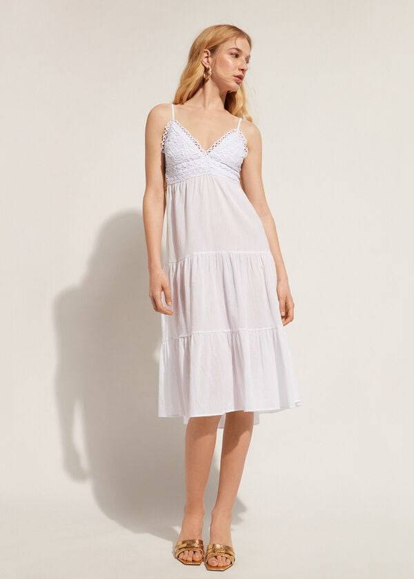 Calzedonia Midi Klänning in Macramé Spets and Ruffled Skirt Cover Ups Dam Vita | SE2087PQ