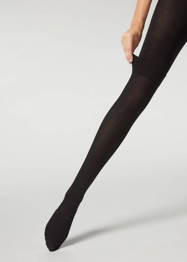 Calzedonia Räfflad Longuette Effect with Cashmere Patterned Strumpbyxor Dam Svarta | SE3066NB