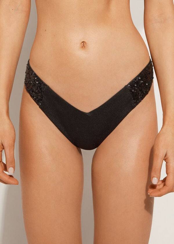 Calzedonia Sequined High-Cut Brazilian Cannes Cheeky Bikiniunderdel Dam Svarta | SE2646AP