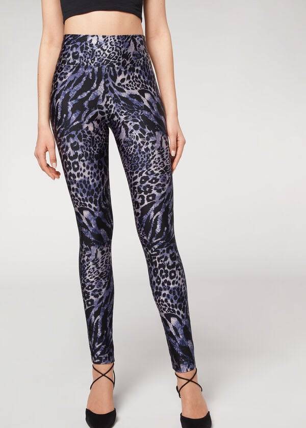 Calzedonia Shiny Animal-Print Gympa Leggings Dam Blå Grå | SE1511YU