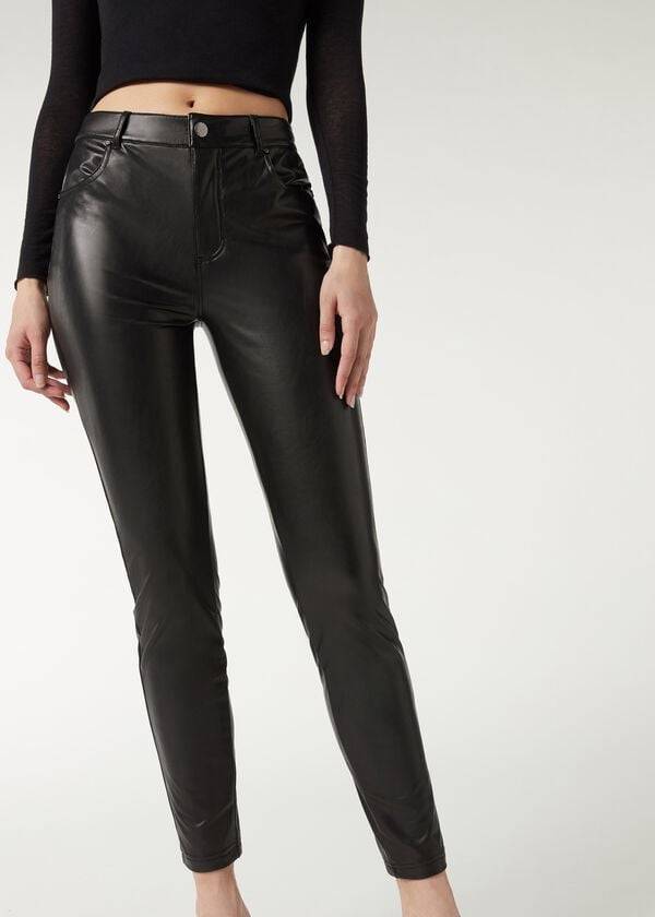 Calzedonia Thermal leather-effect Byxor Dam Svarta | SE1448XF